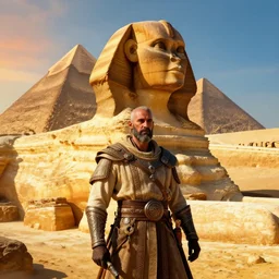 an epic fantasy photograhy of a big sphinx near the pyramids, unreal 5, daz, hyperrealistic, octane render, rpg portrait, dynamic lighting, intricate detail, harvest fall vibrancy, cinematic