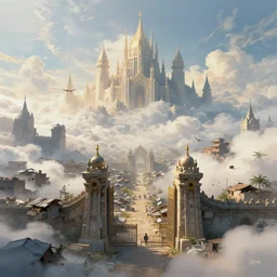 the slums just outside the gates to the kingdom of heaven in the clouds, digital art