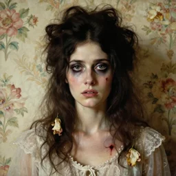 a beautiful and eerie baroque painting of a beautiful but serious woman in layers of fear, with haunted eyes and dark hair piled on her head, 1 9 7 0 s, seventies, floral wallpaper, wilted flowers, a little blood, morning light showing injuries, delicate embellishments, painterly, offset printing technique