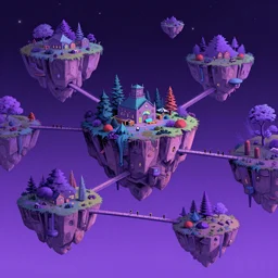 spontaneous dayglo purple by skottie young. a experimental art of a group of flying islands, each with its own unique landscape, floating in the night sky. the islands are connected by a network of bridges. a small group of people can be seen walking along one of the bridges.