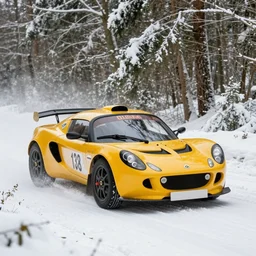 a 2 0 0 9 lotus 2 - eleven, racing through a rally stage in a snowy forest