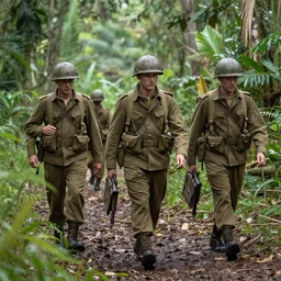 world war 2 soldiers walking in the jungle, detailed, clean, realistic