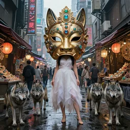 hyper realistic Princess Mononoke, ornate mask, wet market street, cyberpunk metropolis, city landscape, jewels, full body pose, wolves, style of tom bagshaw, mucha, james gurney, norman rockwell, denoised, sharp