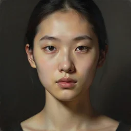 detailed portrait in femininity, realistic face sculpted features, eastern, clear eyes, statuesque, warm glowing skin, chiaroscuro, tangible, peach fuzz, angular impressionism, deep ambient backdrop, contemporary, modern fashion, natural colors, greg rutkowski and gaston bussiere and craig mullins and j. c. leyendecker