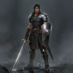 a man with a sword and shield standing in the rain, concept art by james paick, cgsociety, antipodeans, reimagined by industrial light and magic, concept art, artstation hd