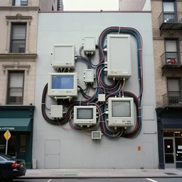 a 90s photograph of a 90s NYC city street , buildings have 90s PC parts, wires and cables integrated into the wall