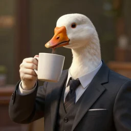 highly - detailed painting of a goose in a suit and tie sipping coffee from a mug, octane render, unreal engine, artstation trending, volumetric lighting, 3 5 mm