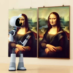 a robot painting the mona lisa next to an unhappy davinci