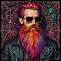 detailed hipster skinny man with square sunglasses, long vibrant colored beard, dmt, by james gurney + intricate and vibrant work + portrait + trending on artstation + incredible gothic illustration + exquisite detail