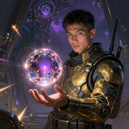 portrait sci-fi art by Moebius and Ruan Jia and Michal Kus, a glowing alien liquid metal orb floating above the hand of a soldier, solar flares, futuristic environment, detailed and intricate environment, fractal biomech, cyberpunk, neon color, purple bioluminescence, gold and black metal, dramatic lighting, cinematic, high technology, highly detailed portrait, digital painting, artstation, concept art, smooth, sharp focus, ilustration, Artstation HQ