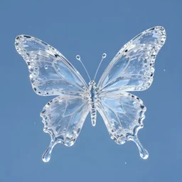 delicate watery flowing splashing shapeless transparent crystal emperor butterfly, blue background, small drops splash, trending on artstation, digital art