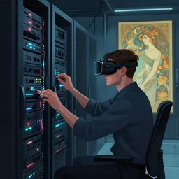 a beautiful digital illustration a futuristic it worker in a vr headset jacked into a blade server, by jamie hewlett and alphonse mucha, all inside a server room with dim lighting, led lights, the matrix