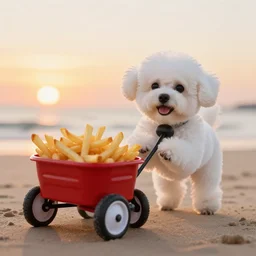 a photorealistic photograph of a smiling white Bichon Frisé puppy pulling a little red wagon full to the brim with french fries during sunset at the beach Trending on Artstation, featured on Behance, well-rendered, Unreal Engine, 4K HD