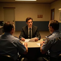 tom in a suit is being interrogated by the officer jenkins at the police station, zenith view, warm color palette, night time, dramatic lighting, noir film, fine details, high contrast, blacksad, juan diaz canales, juanjo guarnido, greg rutkowski, trending on artstation, 8 k, ultra wide angle