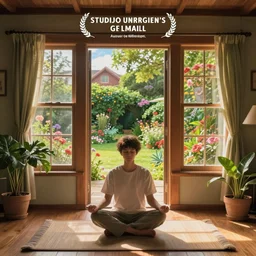 Very detailed photoillustration of a meditative room in the warm morning sunlight with windows showing a beautiful garden, studio Ghibli, Wes Anderson
