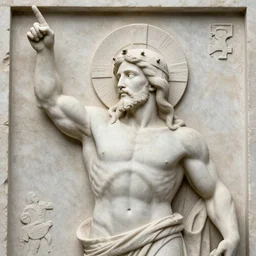 muscular gigachad benediction, gigachad jesus, pointing to heaven, stone relief, holy iconography
