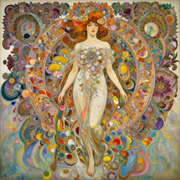 an intricate oil painting of a beautifull woman surounded by hiper detailed fractal, flowers, fluid acrilic art, melting colorfull wax, coloful flower petals, colorfull, excelent composition, wide shot, by yoshitaka amano, by greg rutkowski, by alphonse mucha by jeremyg lipkinng, by rhads, by ross tran, by art