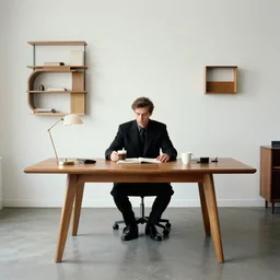 man in desk with coffee and black suit by leyendecker and dean cornwell, 8 feet from the camera, 6 0 ´ s bauhaus design futurist furniture