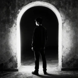 man staring into a portal, trending on artstation, black and white