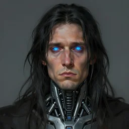 Portrait of a man by Greg Rutkowski, he is about 30 years old, messy long black hair, tired appearance, roman nose, he has become some sort of biomechanical transhuman god with eyes that glow electric blue, peaceful but sad expression, highly detailed portrait, digital painting, artstation, concept art, smooth, sharp foccus ilustration, Artstation HQ.