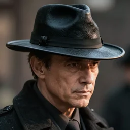 a gentleman wearing a black leather hat, cinematic style