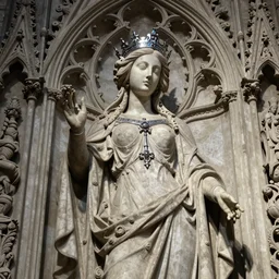 a cinematic view of a ornated intricate gothic sacred statue of medieval maiden wizard made in light concrete, with few ornaments in shiny polished chrome, sculpted by hedi xandt and gaudi
