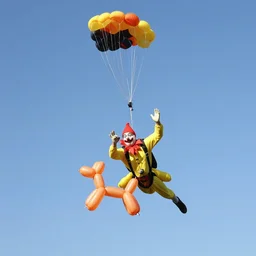 a party clown skydiving while twisting a balloon animal