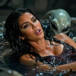 movie still of kim kardashian being swallowed by a alien, in the movie alien. goo, saliva, sweat, oily substances.