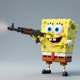 high detail movie still of ultra realistic spongebob squarepants shooting an ak - 4 7 machine gun with muzzle flash, cinematic framing rule of thirds, cinematic light, hard shadows, in the style of the movie lone survivor,