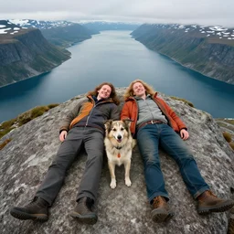 jake the dog and fin the human take psychadelics and lie in a fjord aierial view smiling long hair, award winning, 8 k