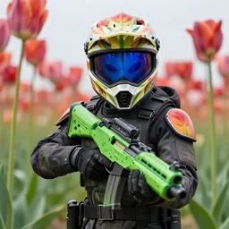 Tulip tree color-suited usurper alien soldier with tulip tree color motocross helmet with blue glowing visor, holding an alien tulip tree color energy rifle.