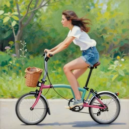 painting of a girl riding uk brompton bike in a garden, by donato giancola