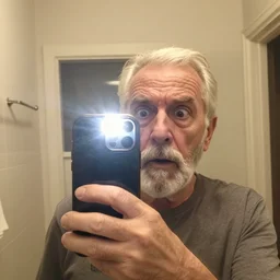 a selfie of an old man which has unintentionally turned on the flash in a bathroom; scared face; surprised face