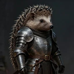 hedgehog wearing medieval suit of armor, illustration, concept art, art by wlop, dark, moody, dramatic