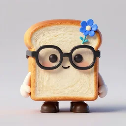 a bread toast wearing eyeglasses and a blue flower, plastic figurine, octane render