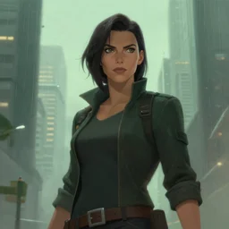 battle hardened, overpowering, pragmatic, charismatic female characters from the animatrix 2, face centered portrait, confident, modern cityscape, outdoors, architecture, fog, rain, volumetric lighting, illustration, perfectly shaded, greenish tinge, cold lights soft painting, art by krenz cushart and wenjun lin