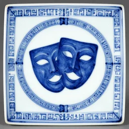 blue - and - white porcelain tablet with abraxas iconography and a flat image of a blue theatre mask
