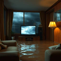 a flooded apartment interior, 1 9 7 0 s tv with storm clouds on the screen