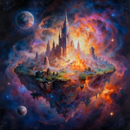 a beautiful painting of floating island in space, flying fantasy city landscape in a mystic magic dreamy vaporwave prismatic hologram orion hubble celestron flame nebula cloud by ross tran amanda sate on artstation