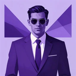 mobster in a suit and tie. portrait. digital art, bauhaus, angular, geometric, symmetrical. purple color theme. simple, flat, solid background.