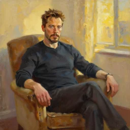 oil painting of tony stark sitting in an armchair in a room with the setting sun, by jama jurabaev, brush hard, golden hour, brush stroke