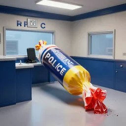 a candybar slowly disappearing in a police station, sculpture, award winning