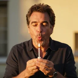 an incredibly attractive middle - aged man called miguel scheider happily blowing birthday candles, golden hour