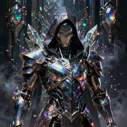 Ultra realist and ultra intricate dark detailed painting of an powerful hooded armor iridescent assassin king, human face biomechanical complex body, 3D render, symmetry, rich style, glowing iridescent sparks and smoke behind, crystallic cyberpunk megastructure background, precious opals, artstation, colorful, badass, dark ominous stealth, unreal render, depth of field