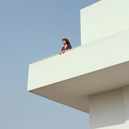 a still of a woman standing on a huge brutalist white balcony, outside view, clear sky, minimalist composition, music video (1985)