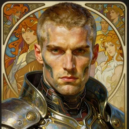 realistic detailed face portrait of a handsome futuristic viking warrior in alien cyberpunk armor by alphonse mucha, ayami kojima, amano, greg hildebrandt, and mark brooks, male, masculine, art nouveau, cyberpunk, neo - gothic, gothic, character concept design