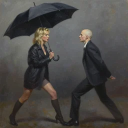 oil painting of bald britney about to attack you with an umbrella
