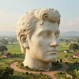 high quality 3 d dreamscape! biomorphic tom cruise head building in the middle of serene country setting!!, kalighat highly detailed, cinematic smooth, stephen shore & john j. park, soft morning light, wide shot, high angle, uhd 8 k, deep focus