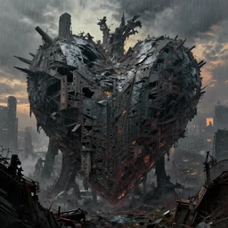 a dark ruin city of a heart among the brutalism wreckage buildings in the rain,at dusk,by Hugh Ferriss,James Paick,Greg Rutkowski,aaron horkey,trending on pinterest,Blade Runner 2049,luxury,mythological,ultra realistic,high detail,golden ratio,cinematic lighting,maximalist