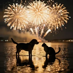 beagle and cat standing in water with fireworks in background, full body, silhouette, reflection in water, volumetric lighting, golden ratio, backlit